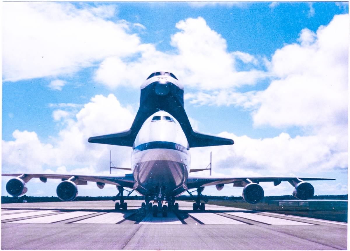 Enterprise and its Carrier Aircraft at the south end of the runway at the Shuttle Landing Facility, Kennedy Space Center, Florida.